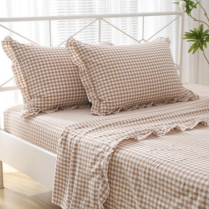2 Pack Taupe White Plaid Ruffle Gingham King Size Pillow Shams, 100% Yarn-Dyed - Image 2