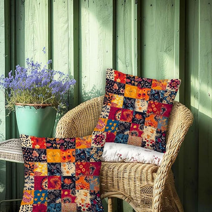 Printed Patchwork Inspired Throw Pillow Covers 18x18 Set of 2 | Floral Quilt - Image 4