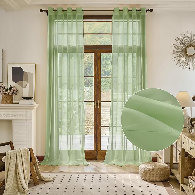 Foil Stripe Sage Green Sheer Curtains 108 inches Length 2 Panels by MISSTIAM