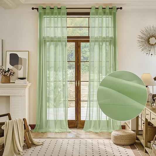 Foil Stripe Sage Green Sheer Curtains 108 inches Length 2 Panels by MISSTIAM