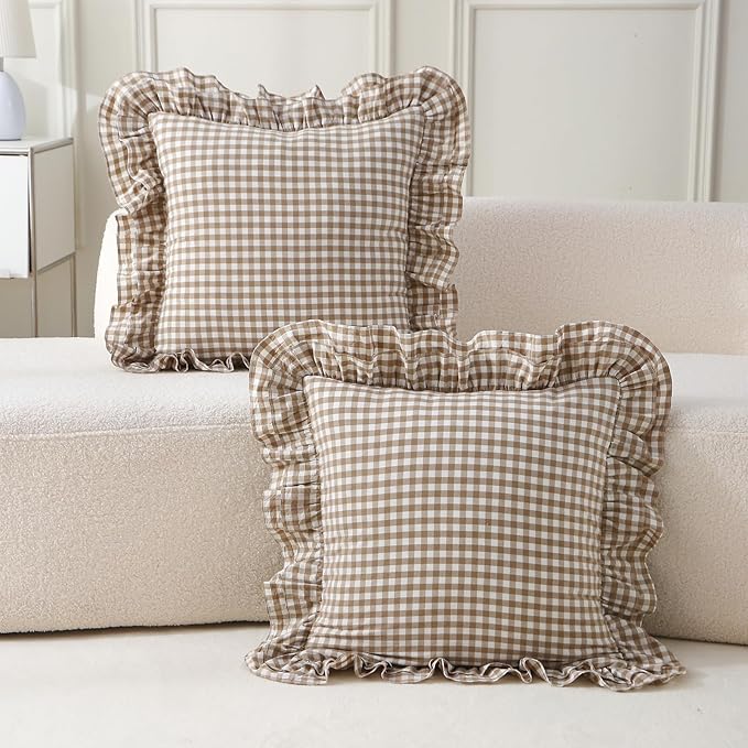 Aryeleay 2 Pack Taupe White Plaid Ruffle Throw Pillow Covers, 100% Cotton - Image 6