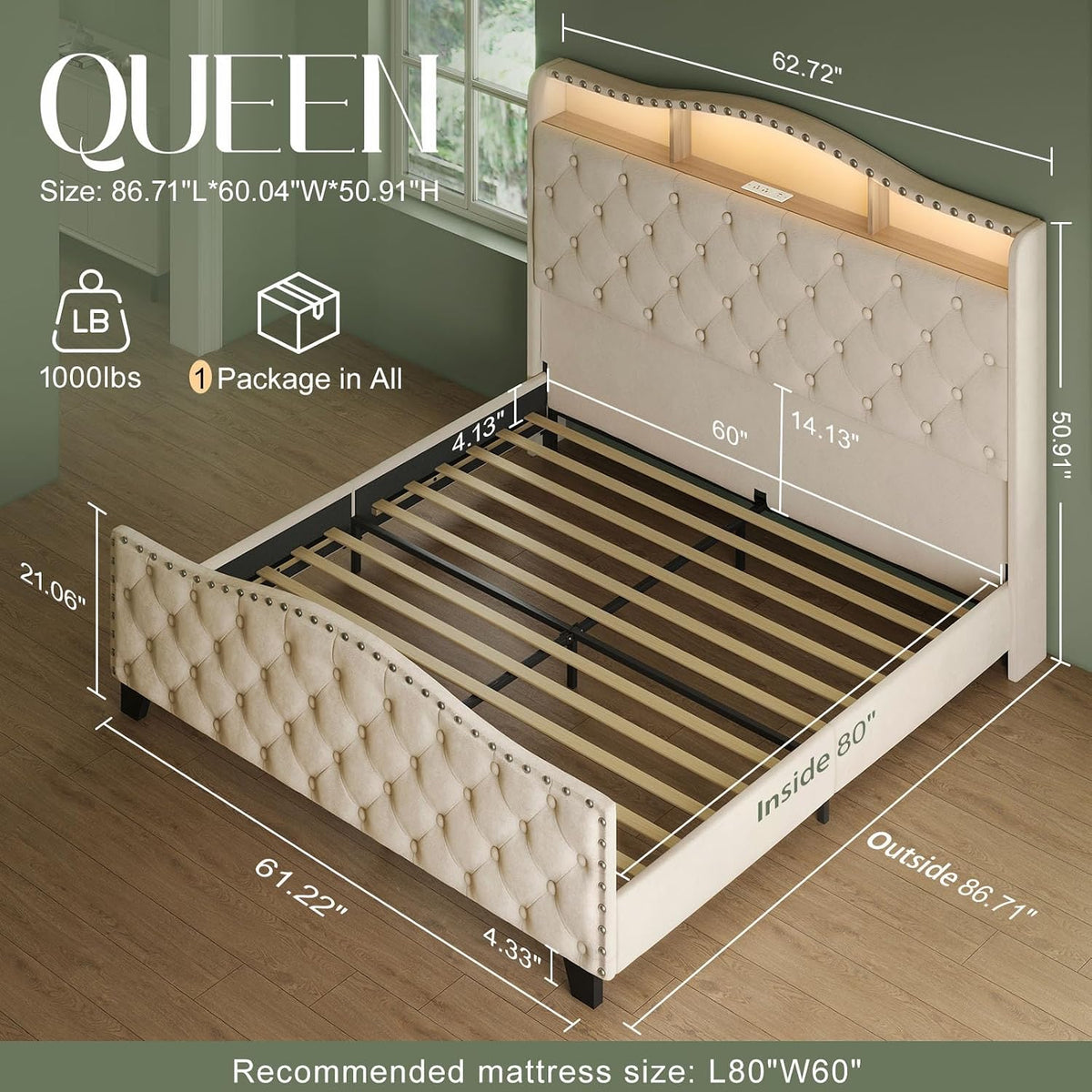 belffin platform bed frame with 50.9" led headboard shown in use