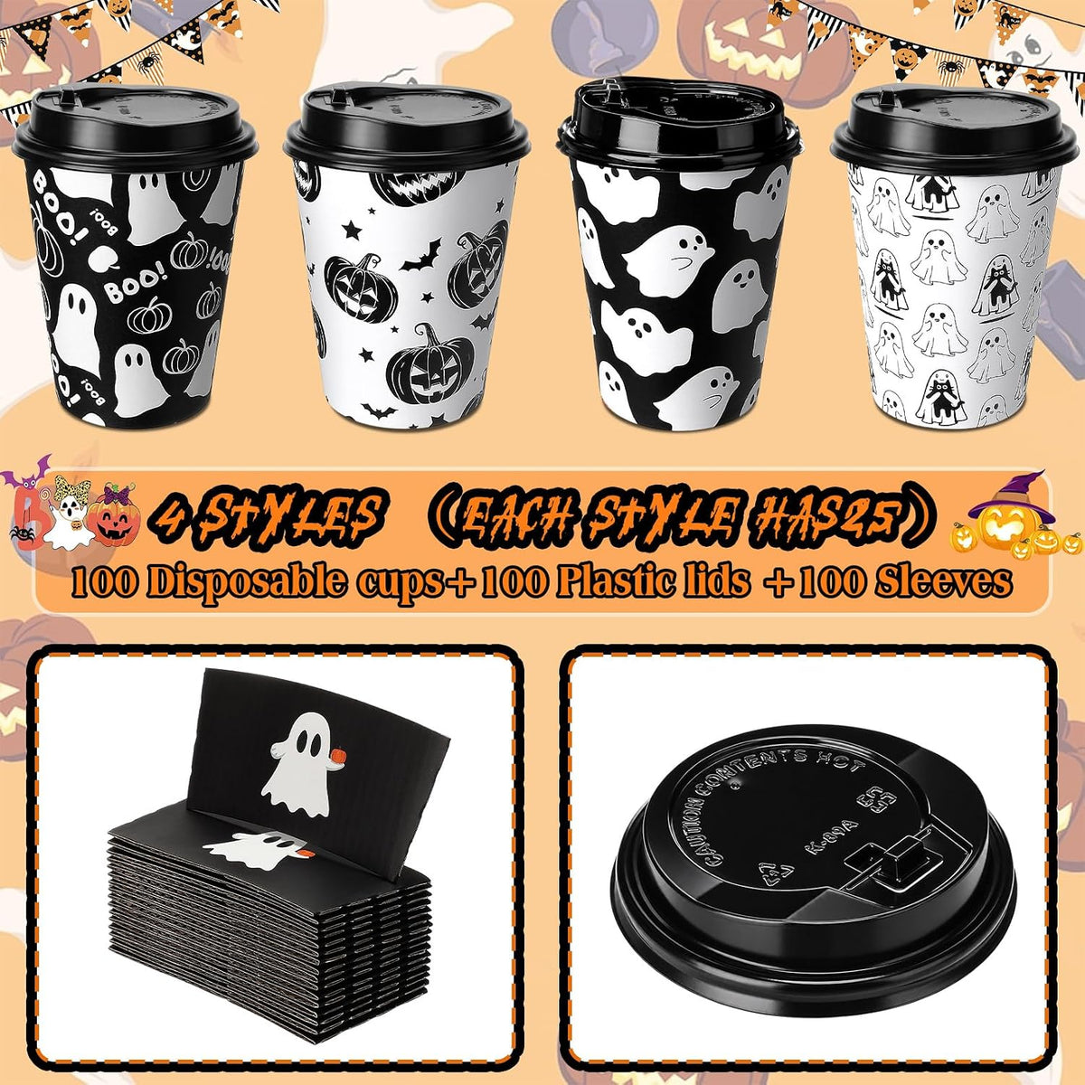 Suclain 100 Sets Halloween Disposable Coffee Cups with Lids & Sleeves, 12 oz Ghost Pumpkin Cat Pattern Paper Cups for Hot Cold Drinks Trick or Treat Party Supplies