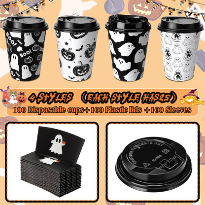 Suclain 100 Sets Halloween Disposable Coffee Cups with Lids & Sleeves, 12 oz Ghost Pumpkin Cat Pattern Paper Cups for Hot Cold Drinks Trick or Treat Party Supplies