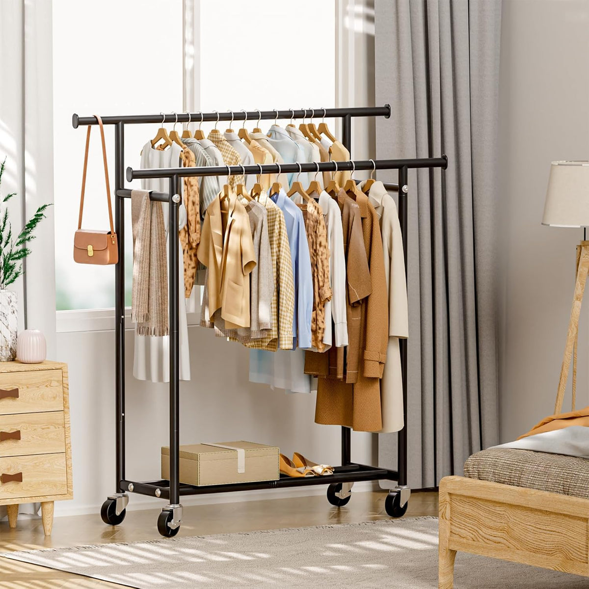 hyseyy clothes rack, double rods rolling clothing rack, front angle view