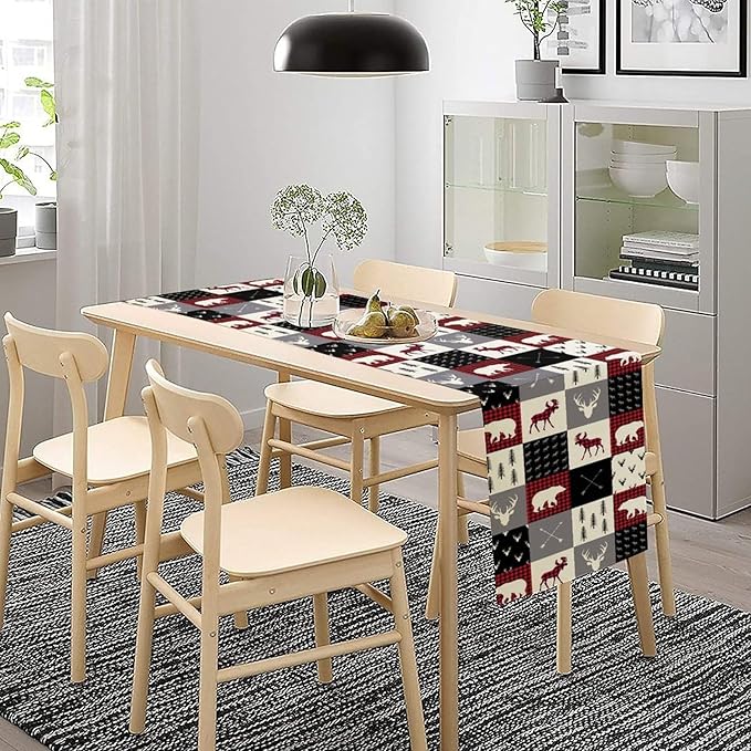 Farmhouse Bear Deer Table Runner, Retro Rustic Village Buffalo Plaid Table - Image 2