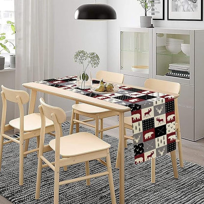 Farmhouse Bear Deer Table Runner, Retro Rustic Village Buffalo Plaid Table - Image 2