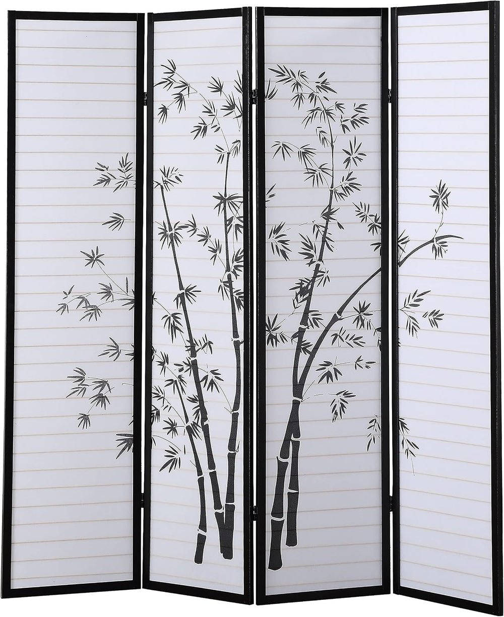Roundhill Bamboo Print 4-Panel Framed Room Screen/Divider, black