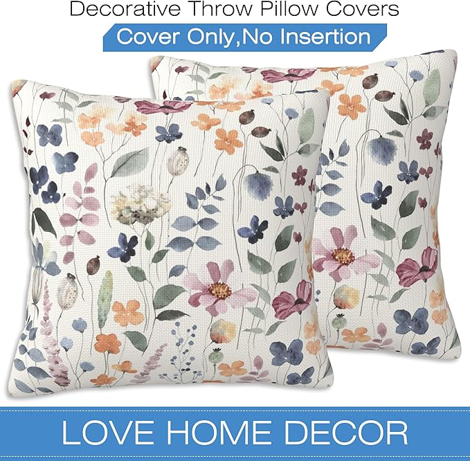 Throw Pillow Cover Case Watercolor Floral Pillow Covers 18x18 Inch Set of 2 - Image 3