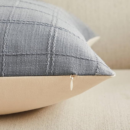 ZeeMart Linen Checked Throw Pillow Covers Set of 2, 24x24 Inch Blue Ashes/Cream - Image 3