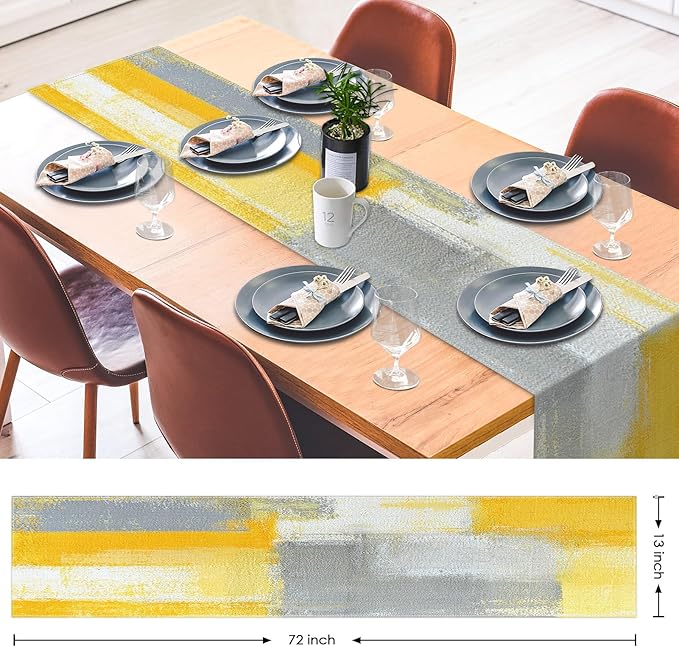Emvency Yellow Abstract Table Runner, Modern Grey White Art Painting - Image 2