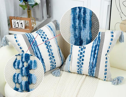 PANOD Chenille Farmhouse Throw Pillow Covers 18 x 18 Blue, Neutral Boucle Couch - Image 5