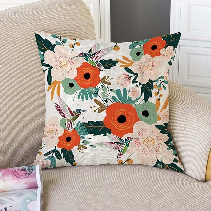 TSSOHU Flower and Hummingbird Pillow Cover Cotton Linen Spring Red Flower Green - Image 3