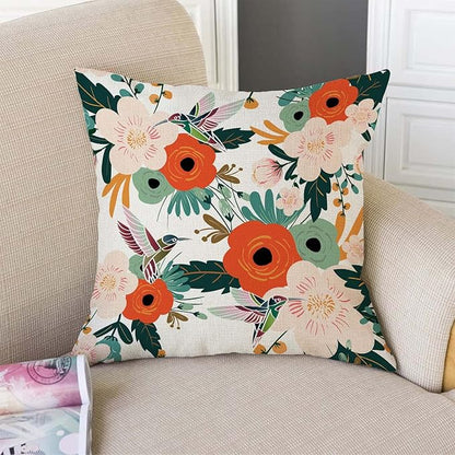 TSSOHU Flower and Hummingbird Pillow Cover Cotton Linen Spring Red Flower Green - Image 3