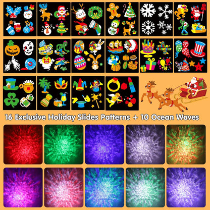 2025 Upgrade Halloween Christmas Projector Lights,2-in-1 Moving Holiday Landscape Lights,30 HD Wave Ocean Effects,Outdoor Waterproof Projection Light for Xmas Halloween Party Garden Decorations