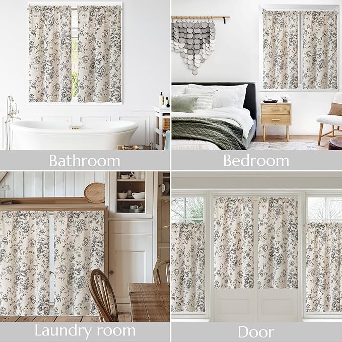 jinchan Floral Linen Tier Curtains 45 Inch Farmhouse Botanic Cafe Drapes - Image 7