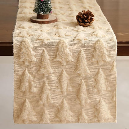 Christmas Tbale Runner 13x36 Inch Soft Plush Faux Fur Jacquard Beige Big Small by Unknown