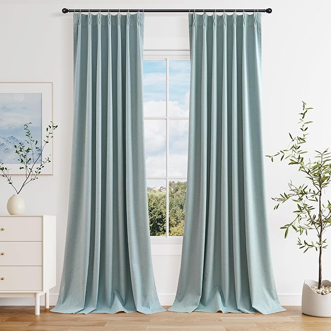 Pinch Pleated 100% Blackout Linen Curtains 108 Inches Long by Joywell