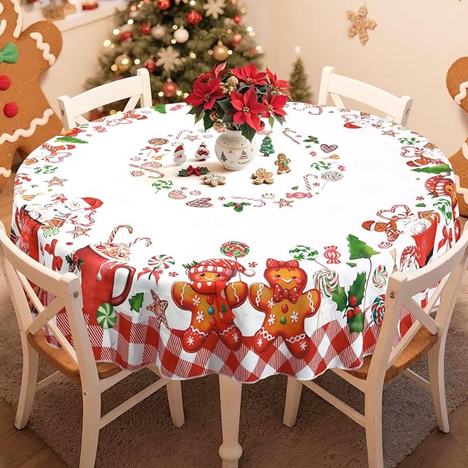 Christmas Gingerbread Tablecloth Waterproof, Candy Cane Table Cloth Round by Arquiel