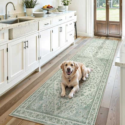 Moynesa Green 2.5x8 Hallway Runner Rugs, Vintage Floral Print Washable Runner by Moynesa