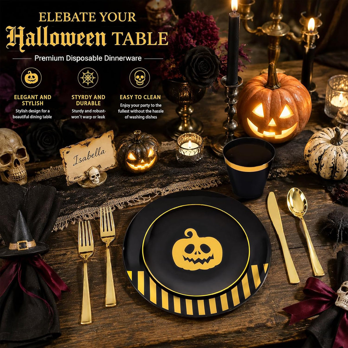 KIRE 25 Guest Halloween Plates Black Gold Plastic Plates Smiley Pumpkin include 50PCS Black &150PCS Gold Plastic Silverware&25PCS Clear Black Cups for Halloween Party