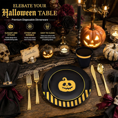 KIRE 25 Guest Halloween Plates Black Gold Plastic Plates Smiley Pumpkin include 50PCS Black &150PCS Gold Plastic Silverware&25PCS Clear Black Cups for Halloween Party