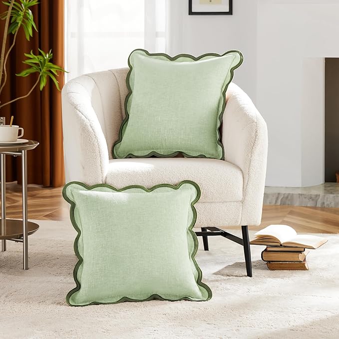 Light Green Scalloped Pillow Cover Pack of 2 Spring Chenille Decorative Cute - Image 2