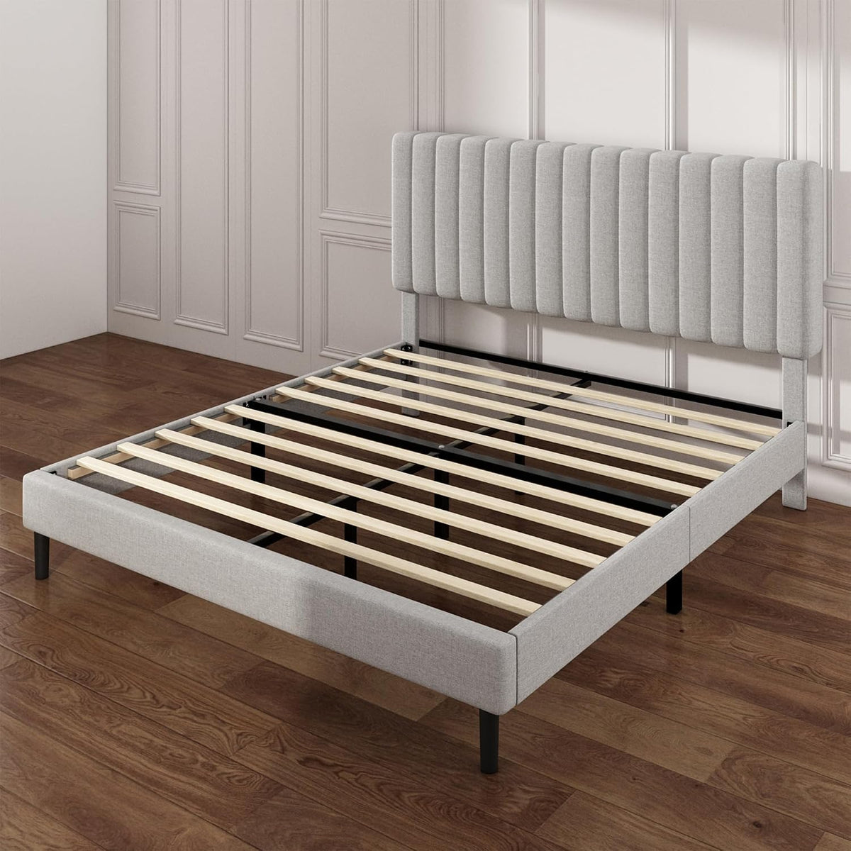 queen linen bed frame with vertical channel tufted, front angle view