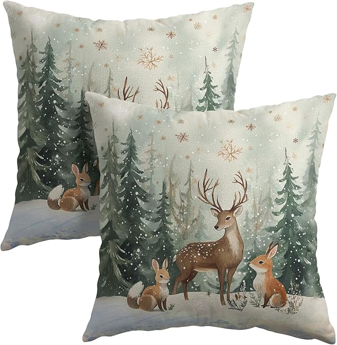 Xmas Reindeer Throw Pillow Cover 24x24 Inch Set of 2 Winter Trees Snowflake by Granbey