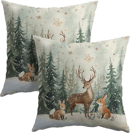 Xmas Reindeer Throw Pillow Cover 24x24 Inch Set of 2 Winter Trees Snowflake by Granbey