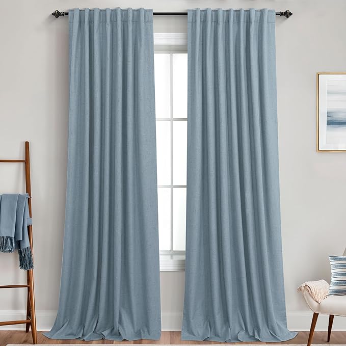 KOUFALL 52x102 Inches Long Stone Blue Back Tab Linen Blackout Curtains - Image 9