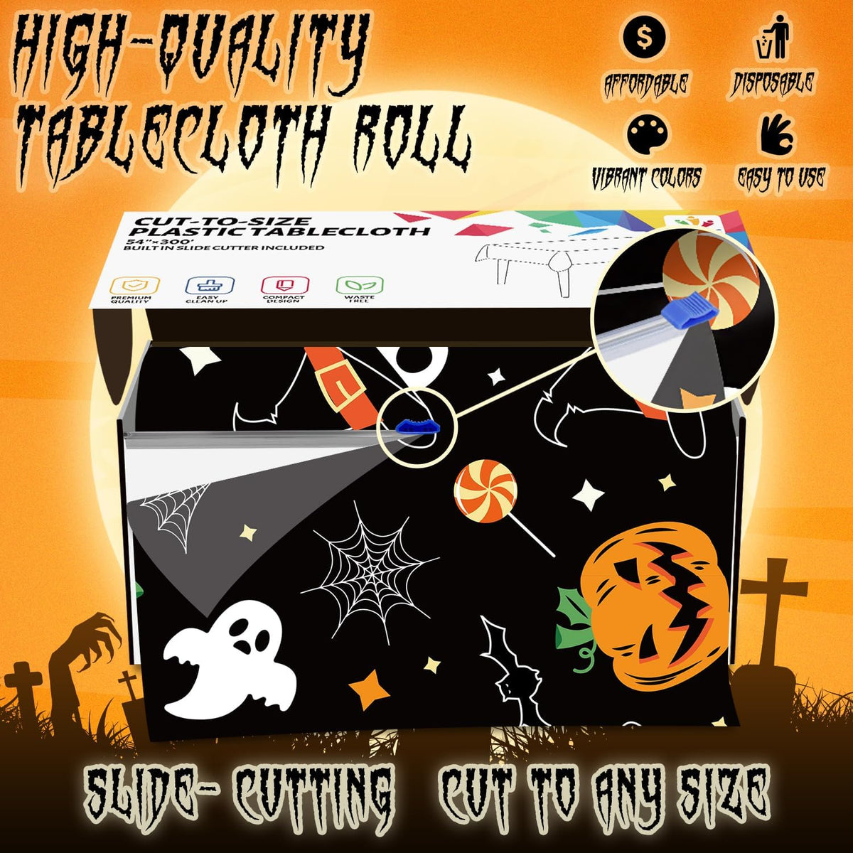 CXPSINC 54 Inch X 300 Feet Plastic Table Cover Roll Disposable Halloween Tablecloth with Slide Cutter Pumpkin Ghost Plastic Table Covers for Halloween Party Decorations(Pumpkin Ghost, 300 Feet)