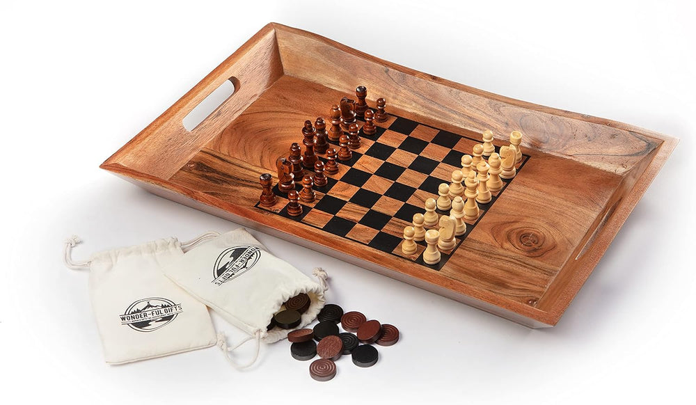 Wonder-ful Gifts Serving Tray with Chessboard - Chess and Checkers Pieces Inc...
