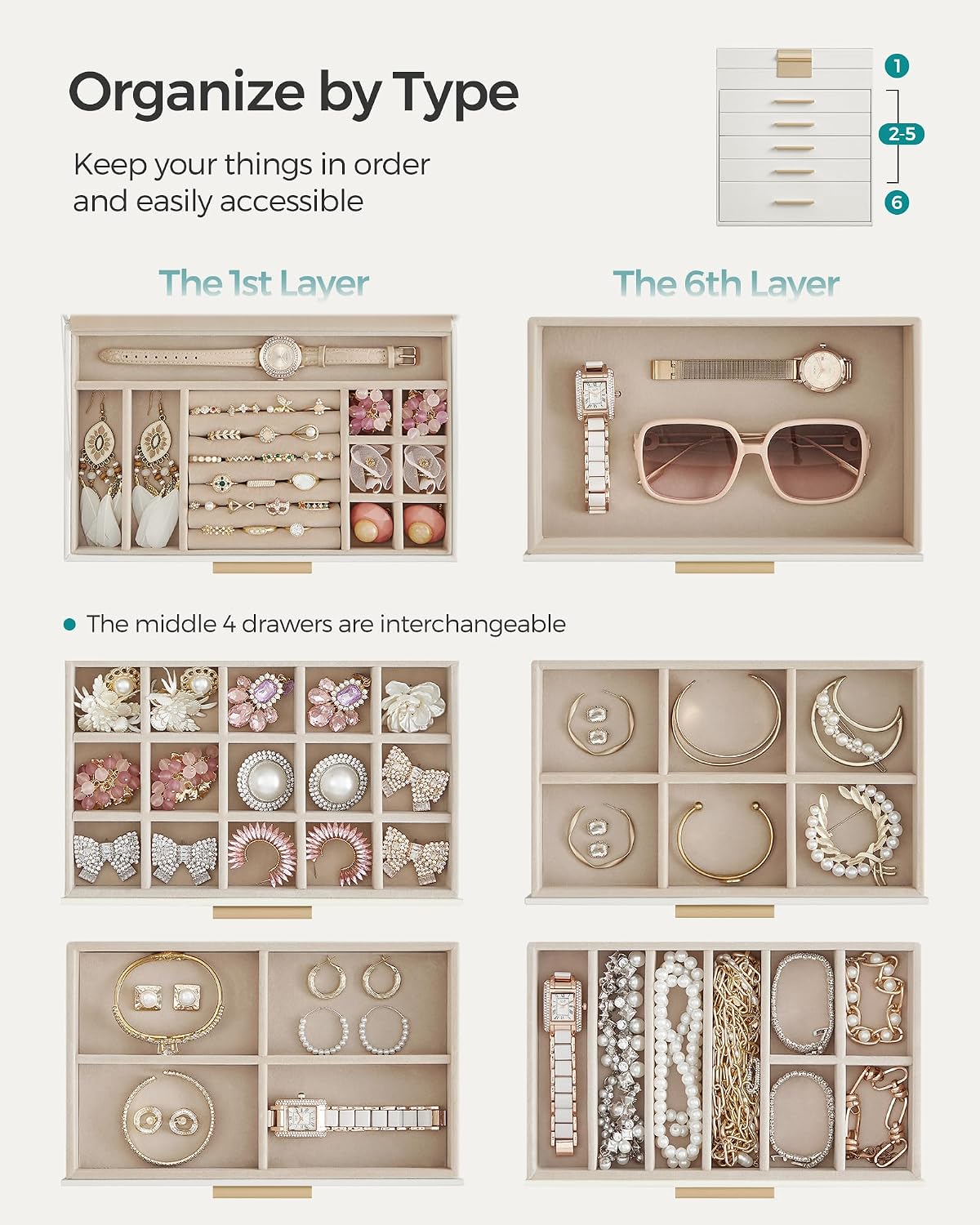 songmics jewelry box organizer, 6-layer storage with 5, side view