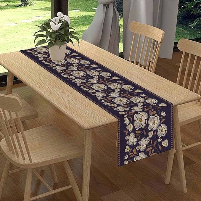 Dark Floral Table Runner, Abstract White Flower Seasonal Coffee Table Center - Image 2