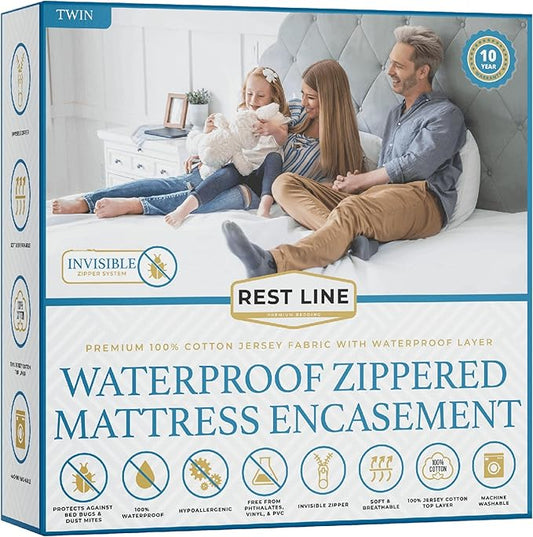 Twin Size 39x75” Premium Waterproof Zippered Mattress Encasement, 100% Cotton by RestLine