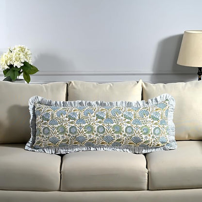Ridhi Asparagus Green 100% Cotton Block Print Ruffle Lumbar Sham Cover Handmade by Ridhi