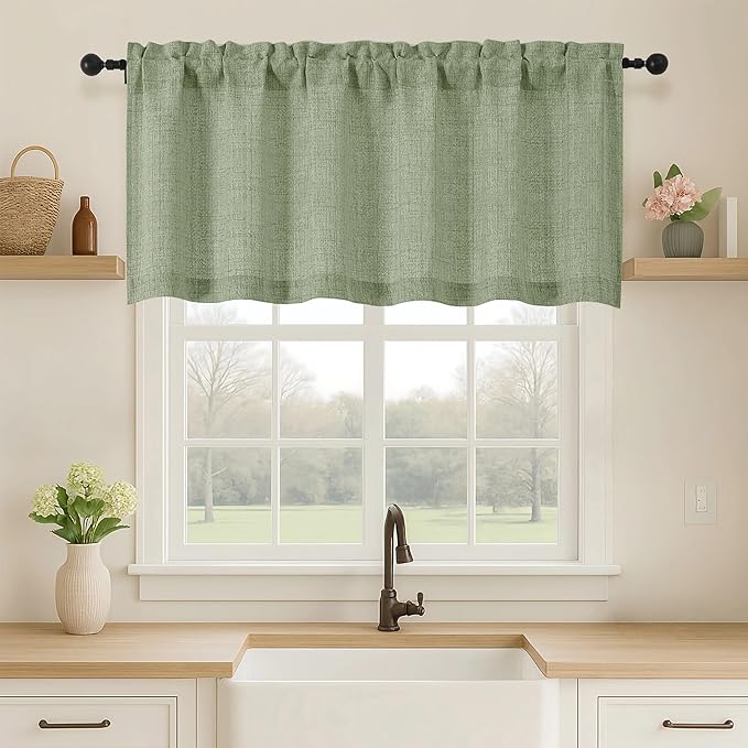 OVZME Green Valance for Windows, Light Filtering Faux Linen Textured Small by OVZME