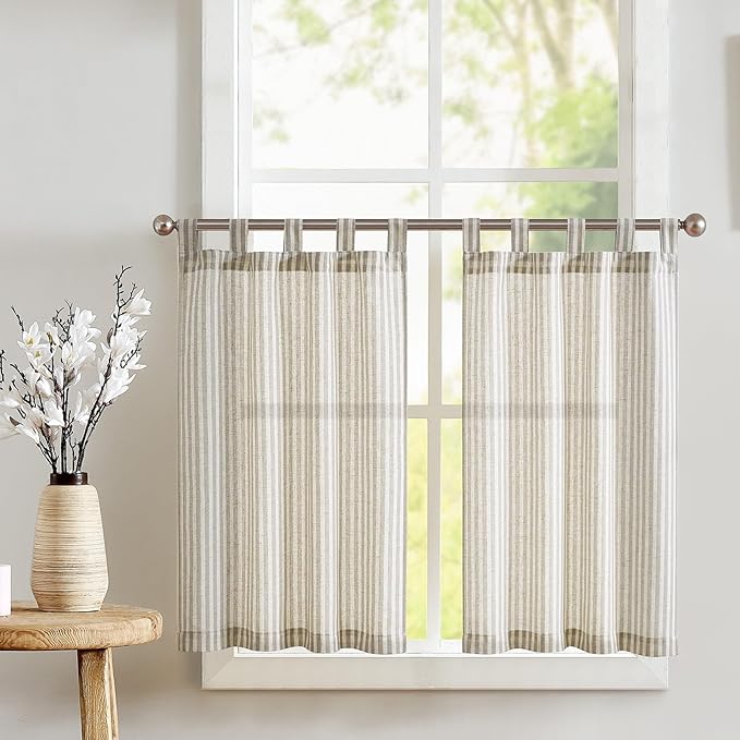 jinchan Tab Top Linen Kitchen Curtains 24 Inches Striped Tier Curtains by JINCHAN