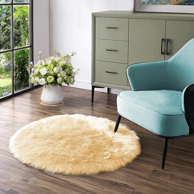 Latepis Yellow Round Rug 3ft Small Circle Faux Sheepskin Fur Rug Fluffy Boho by Latepis