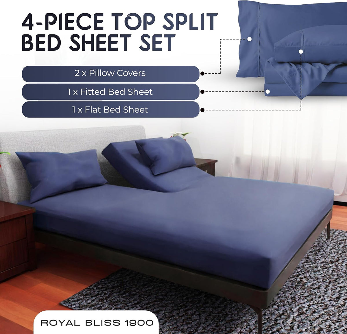 top split king sheets sets for adjustable bed, front angle view