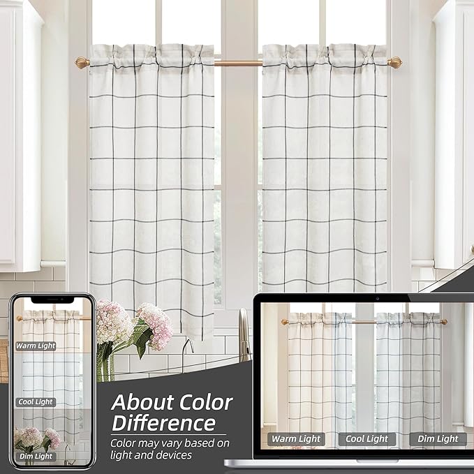 DriftAway Kitchen Curtains Striped Tier Linen Short Curtains Windowpane Plaid - Image 8