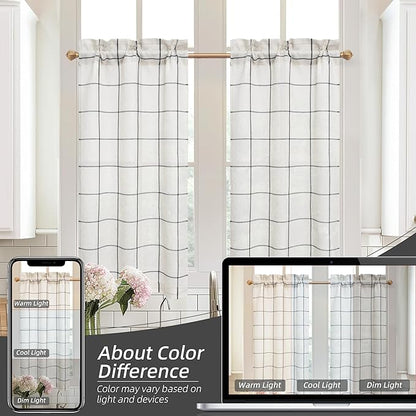 DriftAway Kitchen Curtains Striped Tier Linen Short Curtains Windowpane Plaid - Image 8