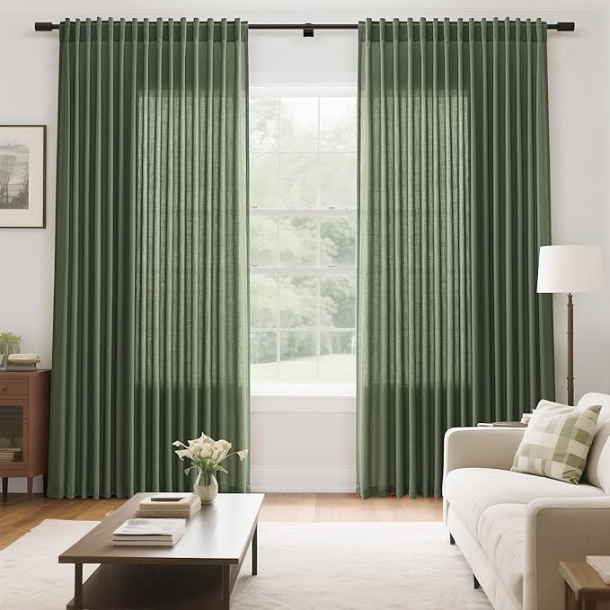Nanspring Olive Green Linen Sheer Curtains 54 Inch Length 2 Panel Set Back Tab - Image 7