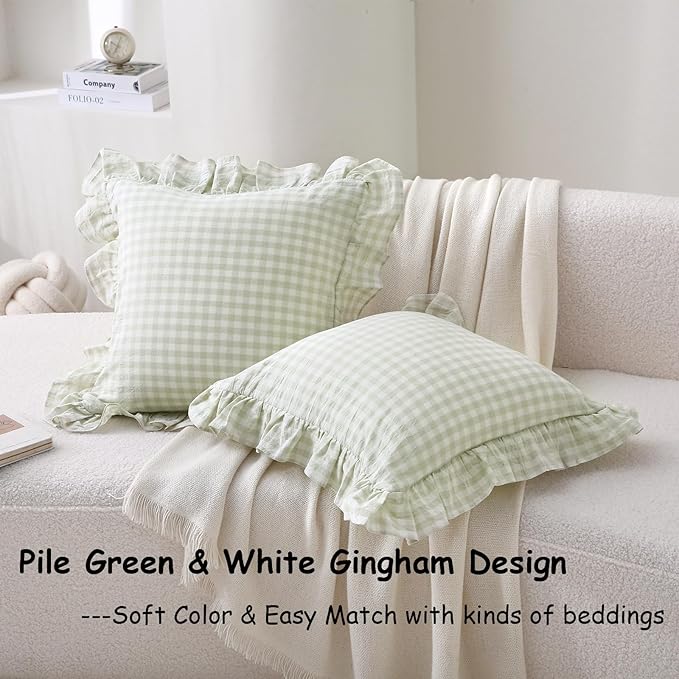 2 Pack Pile Green White Plaid Ruffle Gingham Throw Pillow Covers, 100% Washed - Image 2