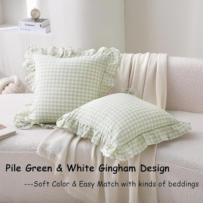 2 Pack Pile Green White Plaid Ruffle Gingham Throw Pillow Covers, 100% Washed - Image 2
