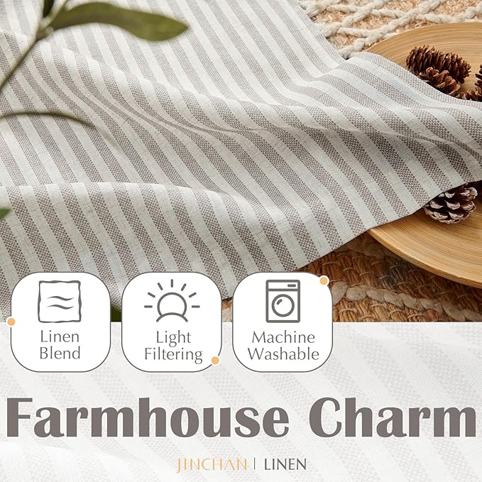 jinchan Striped Linen Kitchen Curtains 45 Inches Tier Curtains Farmhouse Modern - Image 8