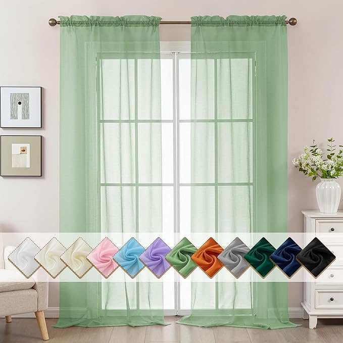Sage Green Sheer Curtains 108 Inches Extra Long, Privacy Semi Sheer Curtains by ABLUEN