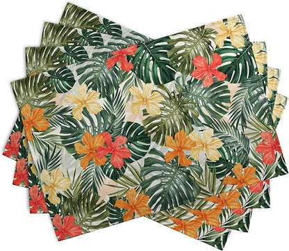 Tropical Palm Leaves Table Mats Set of 4 Summer Watercolor Hibiscus Flower Leaf - Image 2