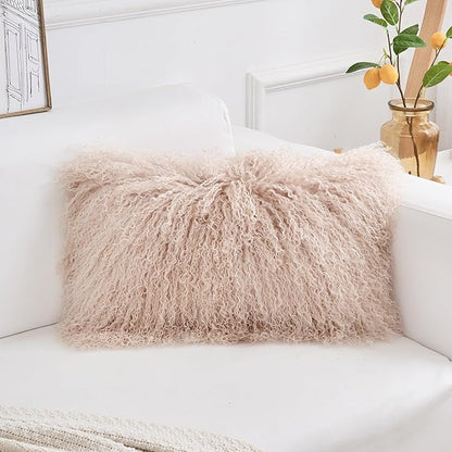 Genuine Mongolian Lamb Fur Pillow Cover – 12"x20" Rectangular Cushion Case – - Image 2